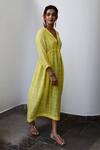 Myaara_Yellow Cotton Lurex Flap Collar Handwoven Tie-up Dress _Online_at_Aza_Fashions