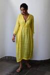 Buy_Myaara_Yellow Cotton Lurex Flap Collar Handwoven Tie-up Dress _Online_at_Aza_Fashions