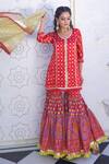 Shop_Maayera Jaipur_Red Silk Organza, Muslin Satin, Swiss Cotton Geometric Print Kurta Sharara Set_at_Aza_Fashions