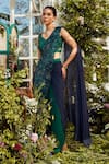 Rococo Green Georgette Sequins, Thread Work V Neck Myra Pre-draped Saree With Blouse Online at Aza Fashions Rococo_Green Georgette Sequins, Thread Work V Neck Myra Pre-draped Saree With Blouse _Online_at_Aza_Fashions