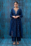 Shop_Label Niti Bothra_Blue Silk Embroidered Floral Notched Kurta And Palazzo Set _at_Aza_Fashions