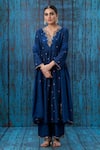 Label Niti Bothra_Blue Silk Embroidered Floral Notched Kurta And Palazzo Set _Online_at_Aza_Fashions