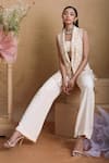 Buy_Nayantara Couture_Beige Nylon Shawl Lapel Embroidered Blazer And Pant Set _Online_at_Aza_Fashions