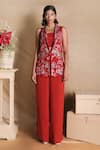 Buy_Nayantara Couture_Red Nylon Shawl Lapel Embroidered Blazer And Pant Set _at_Aza_Fashions