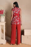 Shop_Nayantara Couture_Red Nylon Shawl Lapel Embroidered Blazer And Pant Set _at_Aza_Fashions