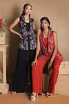 Nayantara Couture_Red Nylon Shawl Lapel Embroidered Blazer And Pant Set _Online_at_Aza_Fashions