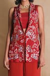Buy_Nayantara Couture_Red Nylon Shawl Lapel Embroidered Blazer And Pant Set _Online_at_Aza_Fashions