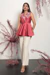 Buy Nayantara Couture Red Dupion Embroidered Floral V Neck Bella Peplum Top Online at Aza Fashions Buy_Nayantara Couture_Red Dupion Embroidered Floral V Neck Bella Peplum Top_Online_at_Aza_Fashions
