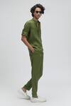 Buy_Terra Luna_Green 100% Linen Plain Mandarin Collar T-shirt _at_Aza_Fashions