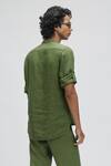 Shop_Terra Luna_Green 100% Linen Plain Mandarin Collar T-shirt _at_Aza_Fashions