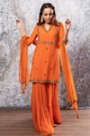 Buy_Nayantaara_Orange Net, Georgette Notched Round Neck Embroidered Kurta Sharara Set _Online_at_Aza_Fashions