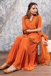 Nayantaara_Orange Net, Georgette Notched Round Neck Embroidered Kurta Sharara Set _Online_at_Aza_Fashions
