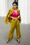 Buy Nayantaara Yellow Bemberg Satin Top V Neck Blazer Lapel Single Breasted With Pant Set at Aza Fashions Buy_Nayantaara_Yellow Bemberg Satin Top V Neck Blazer Lapel Single Breasted With Pant Set _at_Aza_Fashions