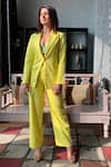 Nayantaara_Yellow Cotton, Bemberg Satin Top V Neck Blazer Single Breasted With Pant Set_Online_at_Aza_Fashions
