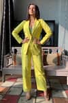 Buy_Nayantaara_Yellow Cotton, Bemberg Satin Top V Neck Blazer Single Breasted With Pant Set_at_Aza_Fashions