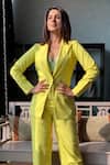 Buy_Nayantaara_Yellow Cotton, Bemberg Satin Top V Neck Blazer Single Breasted With Pant Set_Online_at_Aza_Fashions