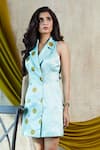 Buy Nayantaara Blue Satin Lapel Printed Blazer Dress at Aza Fashions Buy_Nayantaara_Blue Satin Lapel Printed Blazer Dress _at_Aza_Fashions