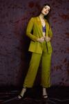 Nayantaara Green Bemberg Satin Top V Neck Blazer Lapel Single Breasted With Pant Set Online at Aza Fashions Nayantaara_Green Bemberg Satin Top V Neck Blazer Lapel Single Breasted With Pant Set _Online_at_Aza_Fashions