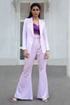 Buy Nayantaara Purple Bemberg Satin Top Sweetheart Single Breasted With Bell Bottom Pant Set at Aza Fashions Buy_Nayantaara_Purple Bemberg Satin Top Sweetheart Single Breasted With Bell Bottom Pant Set _at_Aza_Fashions
