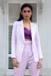 Shop Nayantaara Purple Bemberg Satin Top Sweetheart Single Breasted With Bell Bottom Pant Set at Aza Fashions Shop_Nayantaara_Purple Bemberg Satin Top Sweetheart Single Breasted With Bell Bottom Pant Set _at_Aza_Fashions