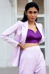 Nayantaara Purple Bemberg Satin Top Sweetheart Single Breasted With Bell Bottom Pant Set Online at Aza Fashions Nayantaara_Purple Bemberg Satin Top Sweetheart Single Breasted With Bell Bottom Pant Set _Online_at_Aza_Fashions
