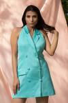 Buy_Nayantaara_Blue Bamberg Satin Halter Lapel Dress _at_Aza_Fashions