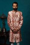 Buy_Nautanky_Peach Silk Printed Sherwani Set _at_Aza_Fashions