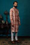 Nautanky_Peach Silk Printed Sherwani Set _Online_at_Aza_Fashions