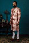 Buy_Nautanky_Peach Silk Printed Sherwani Set _Online_at_Aza_Fashions