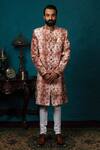Shop_Nautanky_Peach Silk Printed Sherwani Set _Online_at_Aza_Fashions