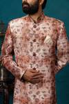 Nautanky_Peach Silk Printed Sherwani Set _at_Aza_Fashions