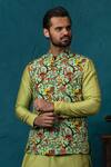 Nautanky_Green Silk Printed Bundi And Kurta Set _at_Aza_Fashions