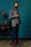 Nautanky_Blue Velvet Bandhgala Set _Online_at_Aza_Fashions