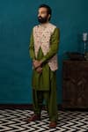 Buy_Nautanky_Beige Silk, Twill Printed Bundi And Pathani Set _Online_at_Aza_Fashions