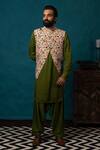 Shop_Nautanky_Beige Silk, Twill Printed Bundi And Pathani Set _Online_at_Aza_Fashions
