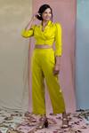Nayantaara_Yellow Bamberg Satin Lapel Collar Cropped Blazer And Pant Set _Online_at_Aza_Fashions