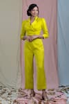 Buy_Nayantaara_Yellow Bamberg Satin Lapel Collar Cropped Blazer And Pant Set _Online_at_Aza_Fashions