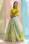 Buy_Nayantaara_Yellow Organza Embroidery Lapel Collar Cropped Blazer And Palazzo Set _at_Aza_Fashions