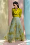 Shop_Nayantaara_Yellow Organza Embroidery Lapel Collar Cropped Blazer And Palazzo Set _at_Aza_Fashions