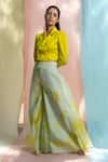 Buy_Nayantaara_Yellow Organza Embroidery Lapel Collar Cropped Blazer And Palazzo Set _Online_at_Aza_Fashions