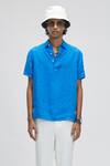 Terra Luna_Blue Linen Plain Aruba Half Sleeve T-shirt_Online_at_Aza_Fashions