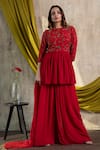 Buy Nayantaara Red Double Georgette Round Embroidered Kurta Gharara Set Online at Aza Fashions Buy_Nayantaara_Red Double Georgette Round Embroidered Kurta Gharara Set _Online_at_Aza_Fashions