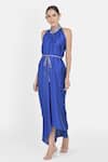 NA-KA_Blue Satin Shimmer Halter Gathered Dress _Online_at_Aza_Fashions