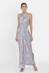 NA-KA_Grey Crepe Satin Printed Geometric Halter Cutout Dress  _Online_at_Aza_Fashions