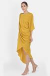 NA-KA_Yellow Formal Crepe Round Draped Dress _Online_at_Aza_Fashions