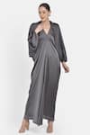 NA-KA_Grey Satin V Neck Flared Dress _Online_at_Aza_Fashions