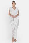 Buy_NA-KA_White Satin V Neck Draped Dress _at_Aza_Fashions