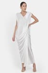NA-KA_White Satin V Neck Draped Dress _Online_at_Aza_Fashions