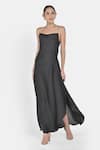 NA-KA_Black Satin Plain Cowl Flared Dress _Online_at_Aza_Fashions