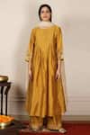 Buy_Pouli Pret_Yellow Kota, Mercerised Cotton Chanderi Boat Anarkali Set _at_Aza_Fashions